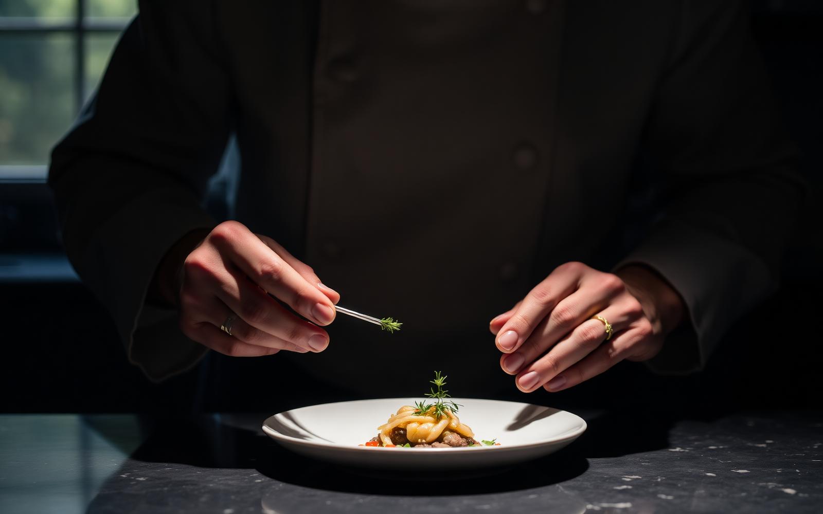Private chef in a luxury villa in Italy plating a dish