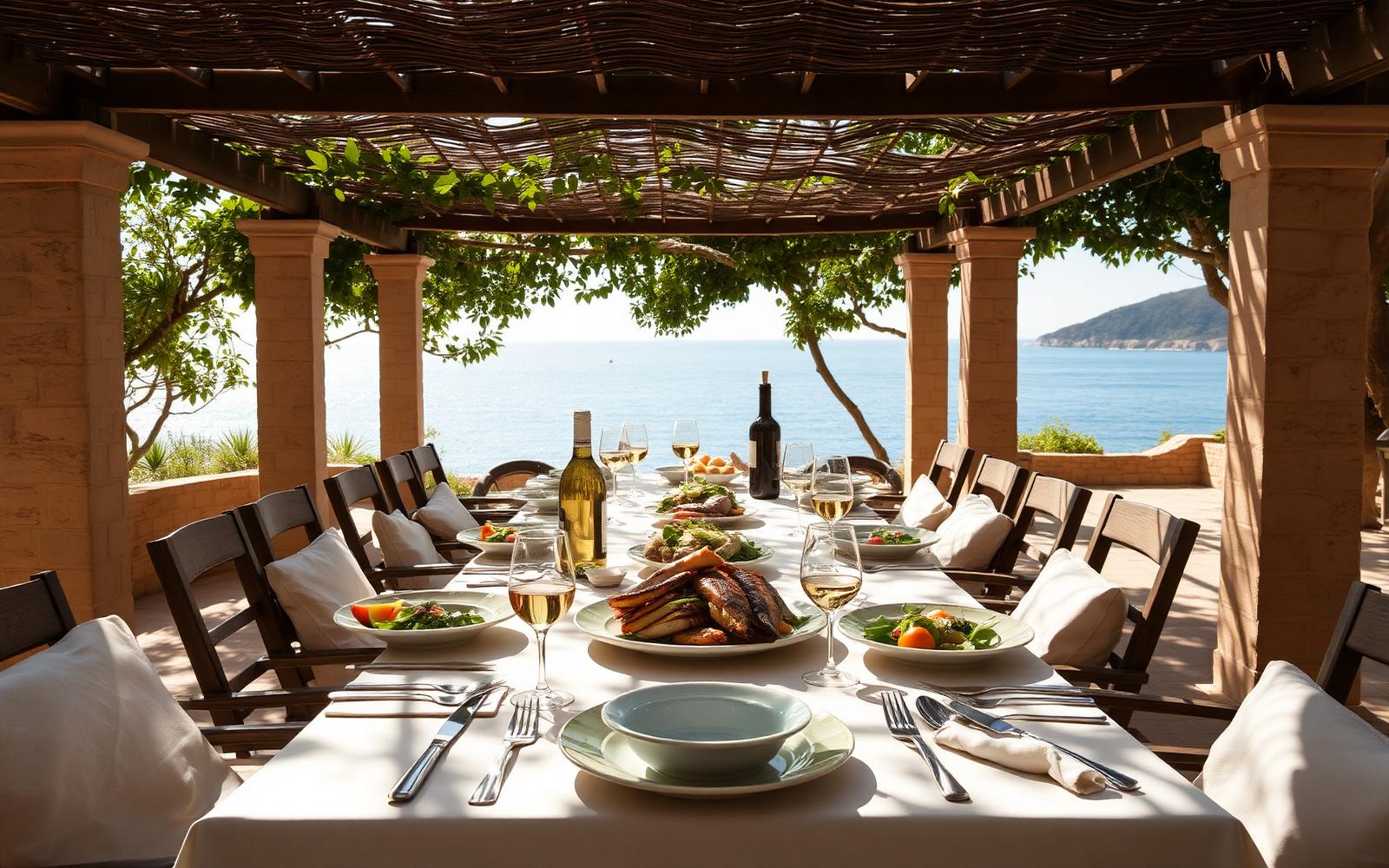 Lunch table under a pergola at a fully catered villa in Italy