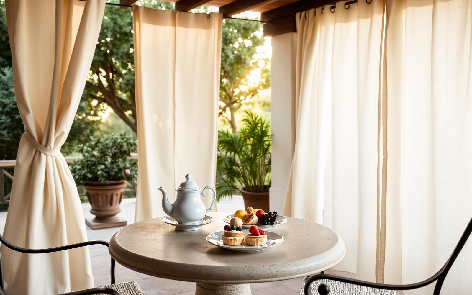 Afternoon tea served by a butler on a shaded villa terrace