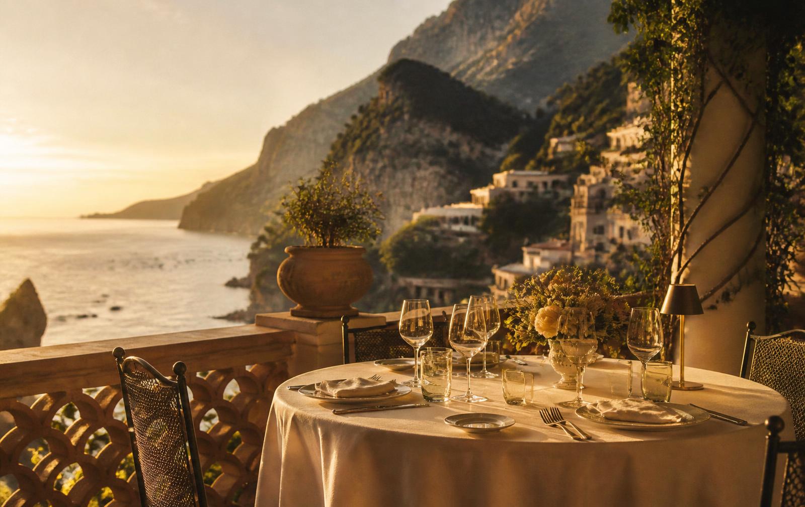 Luxury villa terrace on the Italian coast at golden hour