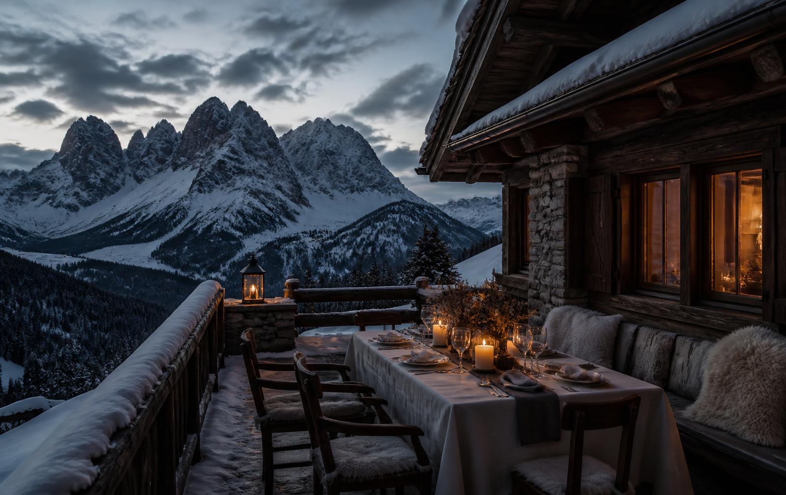 Luxury alpine chalet with private chef and butler at blue hour